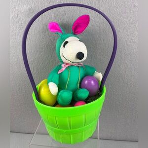 Vintage 60s Easter Basket Hard Plastic Green & Purple + Snoopy Plush & Eggs